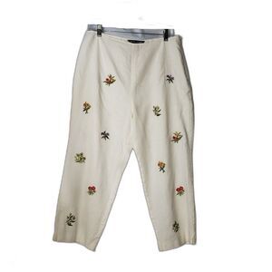 Nicole Studio White Linen Embroidered Floral Cropped Pants Womens Size 14